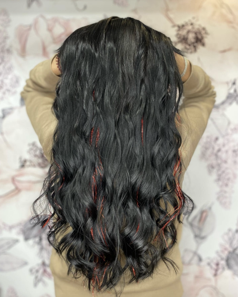 Long Black Curly Hair with Red Foils